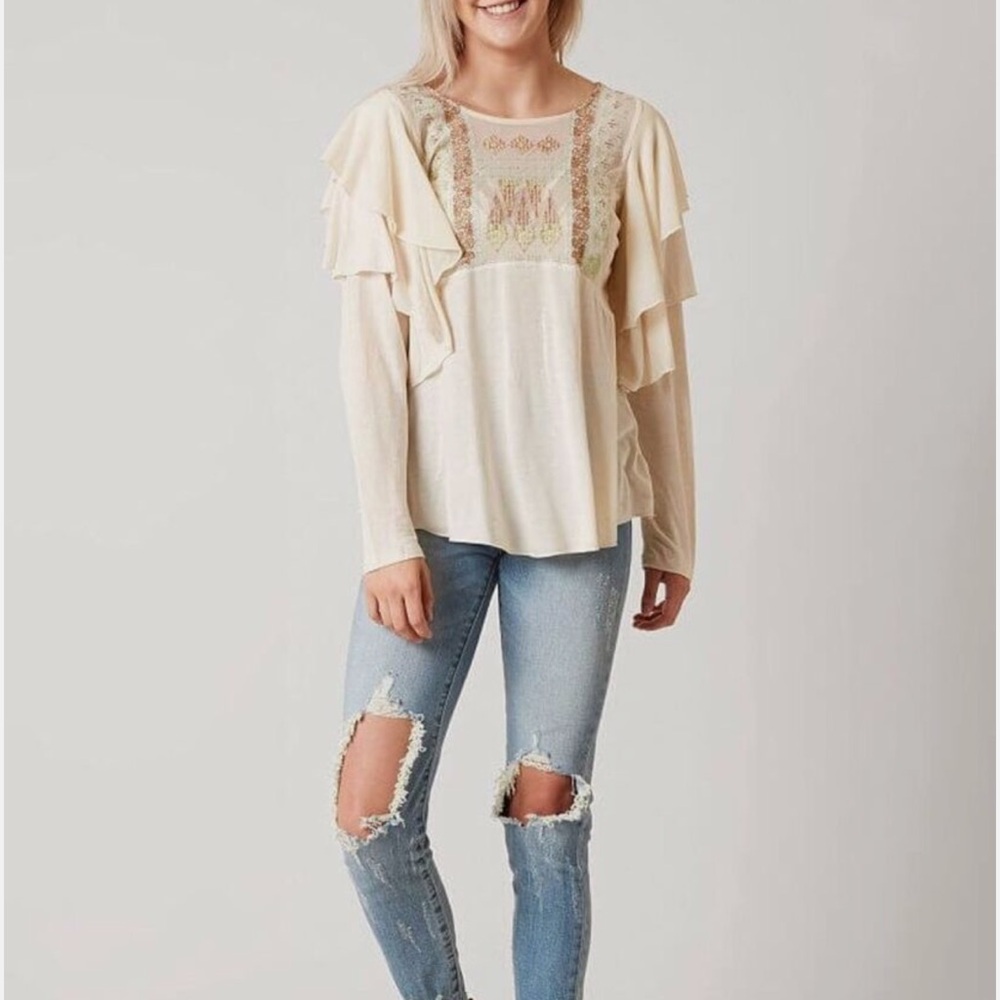 FREE PEOPLE La Cienega Cream Ruffle Top Boho Embroidered NWOT
